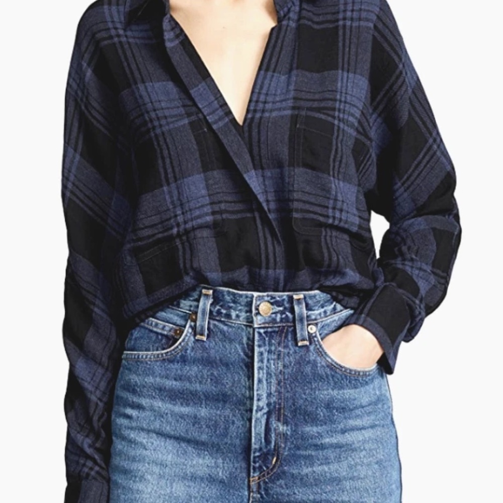 Vince Heathered Plaid Pullover Top Blue Black Check Long Sleeve Blouse Large